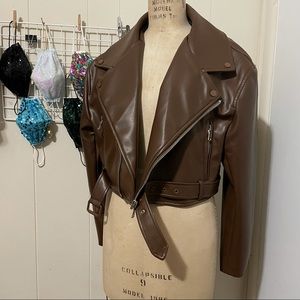 Lioness brown faux leather crop moto jacket XS